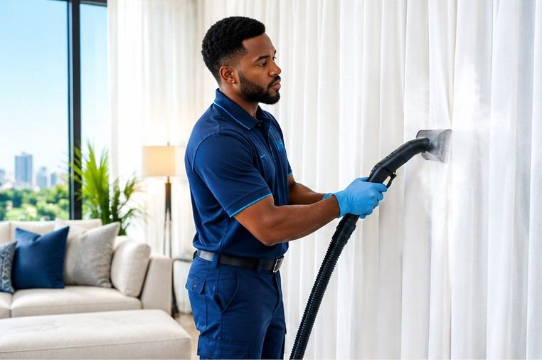 Profissional negro higienizando cortinas