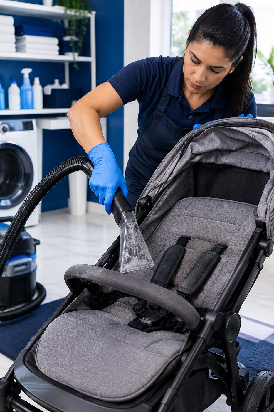 Carrinho de bebê sendo higienizado