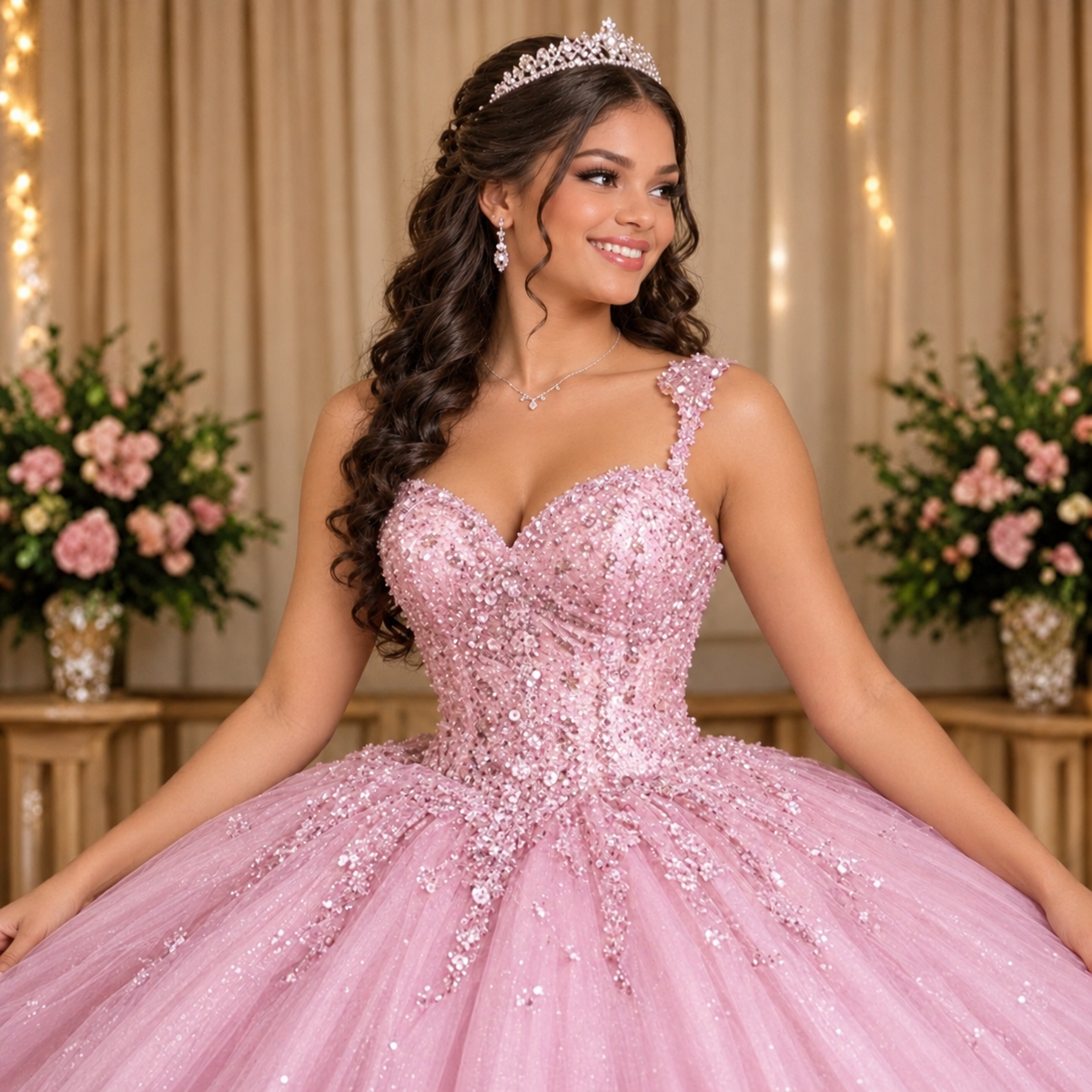 Menina de pele clara usando vestido de festa de 15 anos